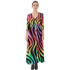 Rainbow Zebra Stripes Button Up Boho Maxi Dress