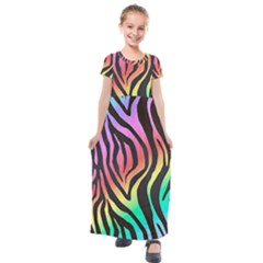 Rainbow Zebra Stripes Kids  Short Sleeve Maxi Dress