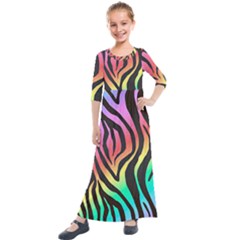 Rainbow Zebra Stripes Kids  Quarter Sleeve Maxi Dress