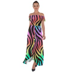 Rainbow Zebra Stripes Off Shoulder Open Front Chiffon Dress