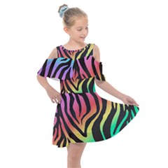Rainbow Zebra Stripes Kids  Shoulder Cutout Chiffon Dress
