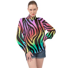 Rainbow Zebra Stripes High Neck Long Sleeve Chiffon Top