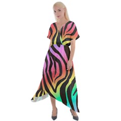 Rainbow Zebra Stripes Cross Front Sharkbite Hem Maxi Dress