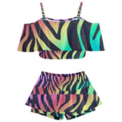 Rainbow Zebra Stripes Kids  Off Shoulder Skirt Bikini