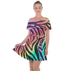 Rainbow Zebra Stripes Off Shoulder Velour Dress by nate14shop