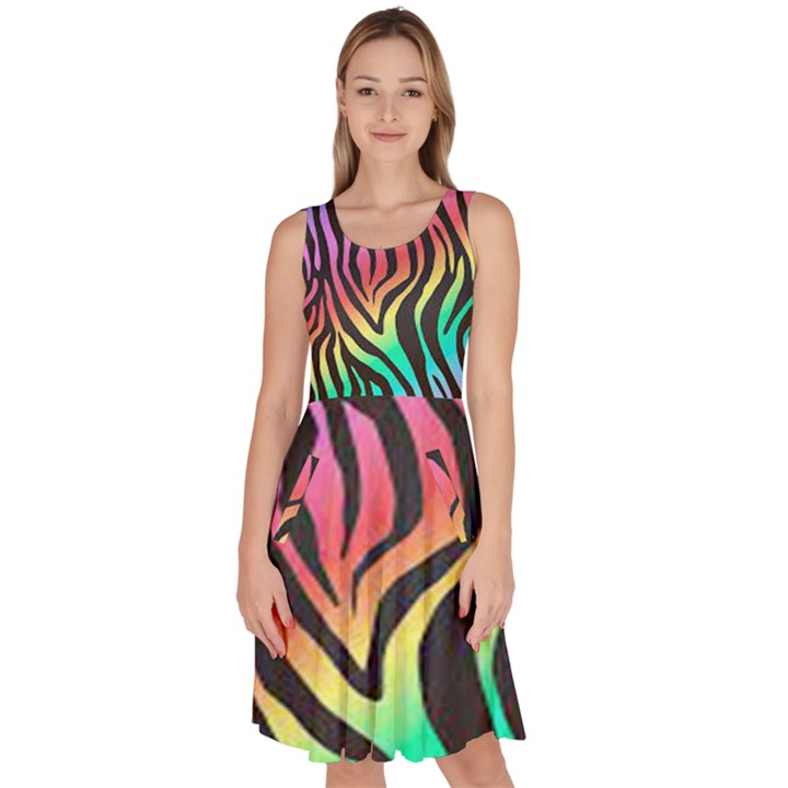 Rainbow Zebra Stripes Knee Length Skater Dress With Pockets
