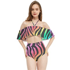 Rainbow Zebra Stripes Halter Flowy Bikini Set 