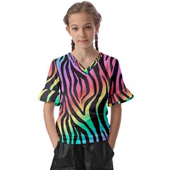 Rainbow Zebra Stripes Kids  V-Neck Horn Sleeve Blouse