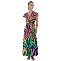 Rainbow Zebra Stripes Flutter Sleeve Maxi Dress