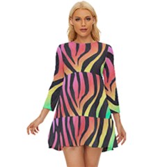 Rainbow Zebra Stripes Long Sleeve Babydoll Dress