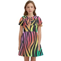 Rainbow Zebra Stripes Kids  Bow Tie Puff Sleeve Dress