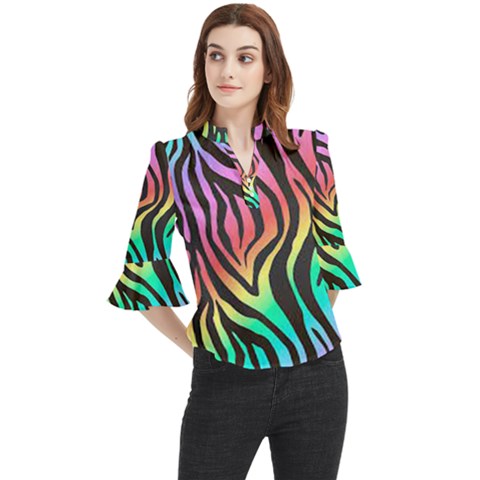 Rainbow Zebra Stripes Loose Horn Sleeve Chiffon Blouse by nate14shop