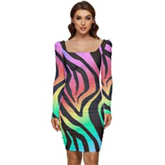 Rainbow Zebra Stripes Women Long Sleeve Ruched Stretch Jersey Dress by nate14shop