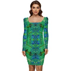 Vines Of Beautiful Flowers On A Painting In Mandala Style Women Long Sleeve Ruched Stretch Jersey Dress by pepitasart