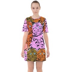 Tileable Seamless Cat Kitty Sixties Short Sleeve Mini Dress