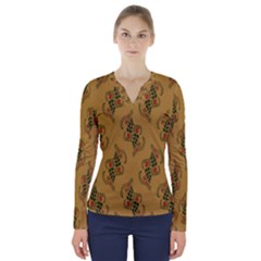 Flowers-001 V-Neck Long Sleeve Top