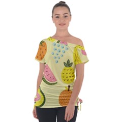 Graphic-fruit Off Shoulder Tie-up Tee