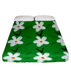 Flowers-green-white Fitted Sheet (queen Size) by nate14shop