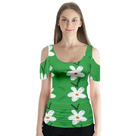 Flowers-green-white Butterfly Sleeve Cutout Tee  by nate14shop
