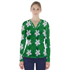 Flowers-green-white V-neck Long Sleeve Top by nate14shop