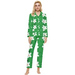 Flowers-green-white Womens  Long Sleeve Velvet Pocket Pajamas Set