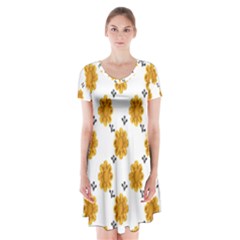 Flowers-gold-white Short Sleeve V-neck Flare Dress by nate14shop