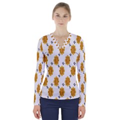 Flowers-gold-white V-neck Long Sleeve Top by nate14shop