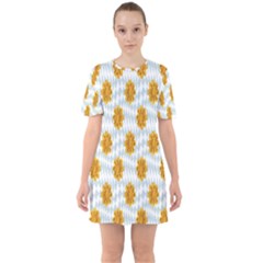 Flowers-gold-blue Sixties Short Sleeve Mini Dress