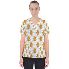 Flowers-gold-blue Women s V-neck Scrub Top by nate14shop