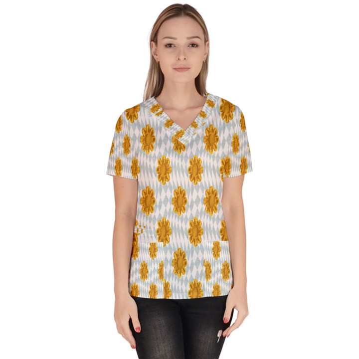 Flowers-gold-blue Women s V-Neck Scrub Top