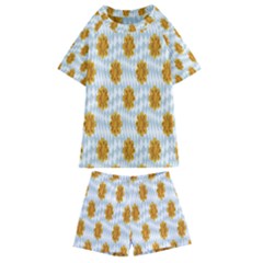 Flowers-gold-blue Kids  Swim Tee And Shorts Set by nate14shop