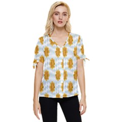 Flowers-gold-blue Bow Sleeve Button Up Top