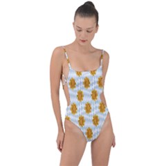 Flowers-gold-blue Tie Strap One Piece Swimsuit by nate14shop