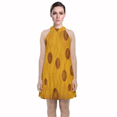 Mustard Velvet Halter Neckline Dress  by nate14shop