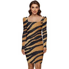 Greenhouse-fabrics-tiger-stripes Women Long Sleeve Ruched Stretch Jersey Dress by nate14shop