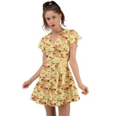 Hot-dog-pizza Flutter Sleeve Wrap Dress