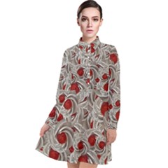 Cream With Cherries Motif Random Pattern Long Sleeve Chiffon Shirt Dress