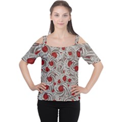 Cream With Cherries Motif Random Pattern Cutout Shoulder Tee