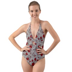 Cream With Cherries Motif Random Pattern Halter Cut-Out One Piece Swimsuit