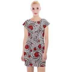 Cream With Cherries Motif Random Pattern Cap Sleeve Bodycon Dress