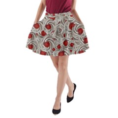 Cream With Cherries Motif Random Pattern A-Line Pocket Skirt