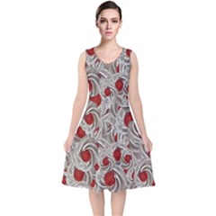 Cream With Cherries Motif Random Pattern V-Neck Midi Sleeveless Dress 