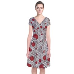 Cream With Cherries Motif Random Pattern Short Sleeve Front Wrap Dress