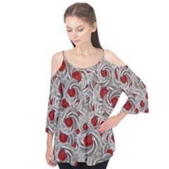 Cream With Cherries Motif Random Pattern Flutter Sleeve Tee 