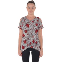 Cream With Cherries Motif Random Pattern Cut Out Side Drop Tee