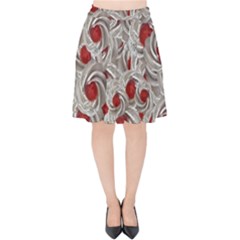 Cream With Cherries Motif Random Pattern Velvet High Waist Skirt