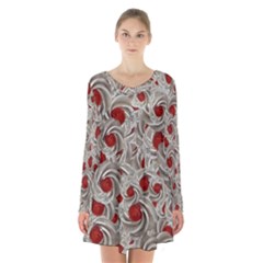 Cream With Cherries Motif Random Pattern Long Sleeve Velvet V-neck Dress