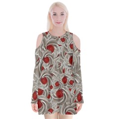 Cream With Cherries Motif Random Pattern Velvet Long Sleeve Shoulder Cutout Dress