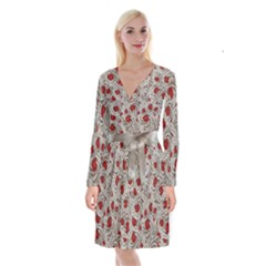 Cream With Cherries Motif Random Pattern Long Sleeve Velvet Front Wrap Dress