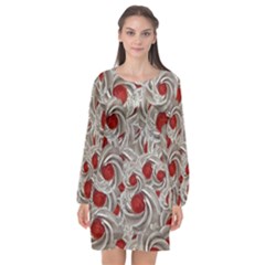 Cream With Cherries Motif Random Pattern Long Sleeve Chiffon Shift Dress 